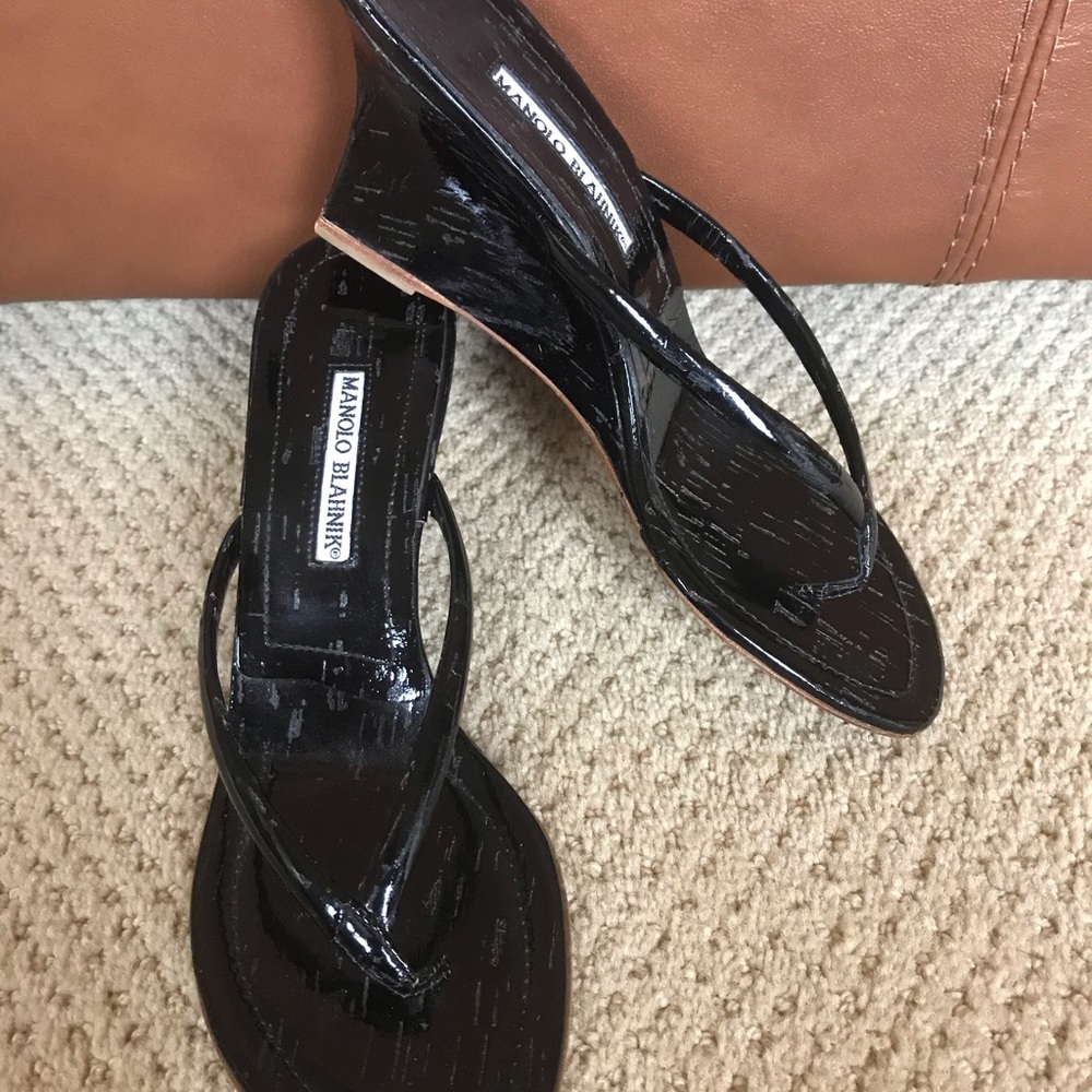 Manolo Blahnik Black leather wedge sandals size 8